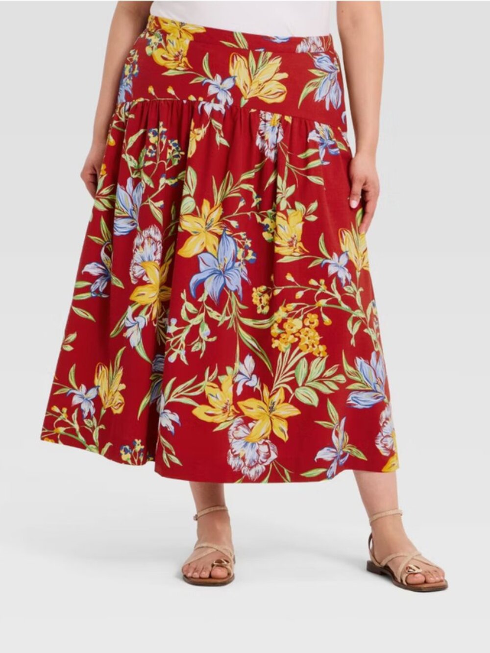 Women's Resort Poplin Drop Waist Midi Skirt - A New Day Dark Red Floral XXL